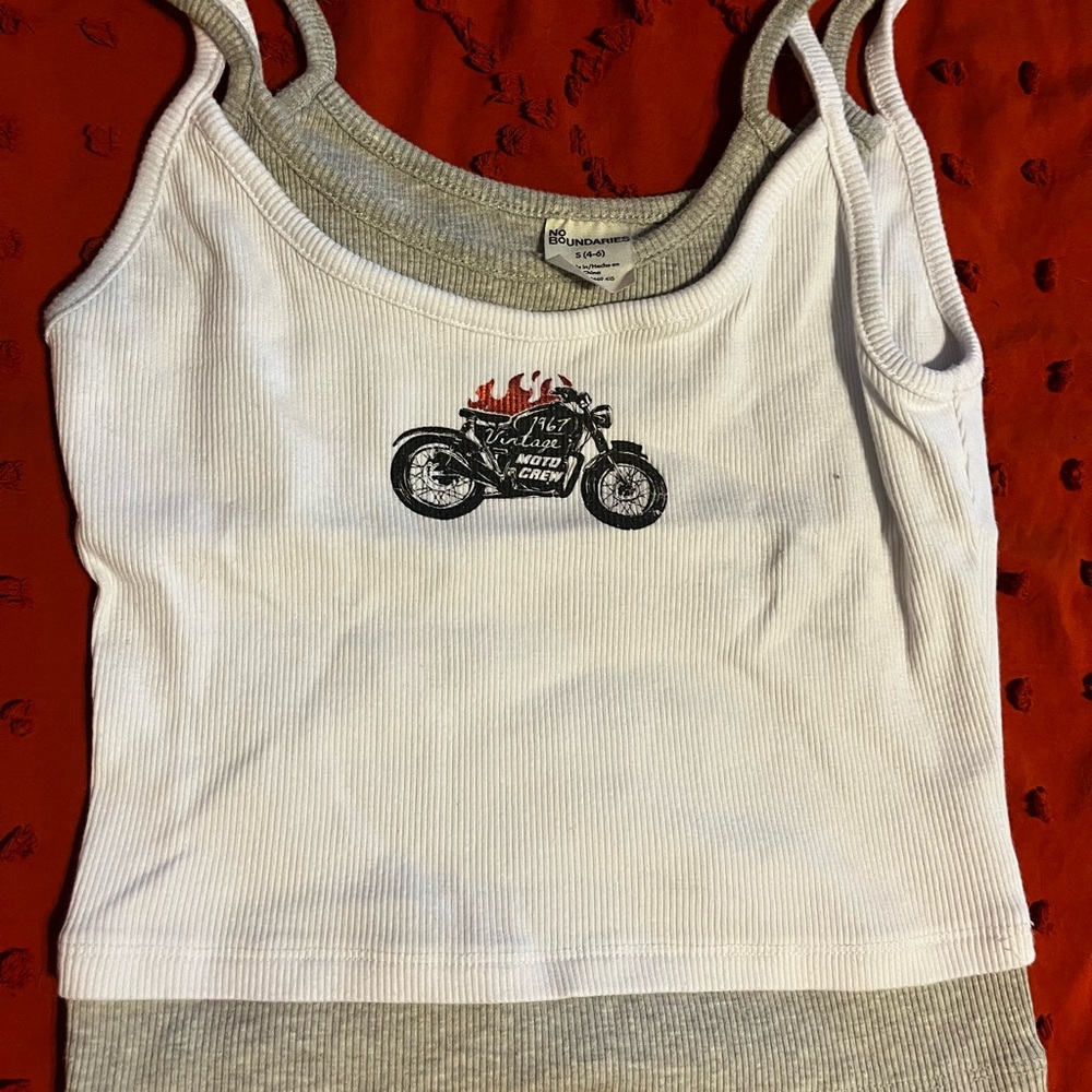 White and Gray Tank Top with Motorcycle Print